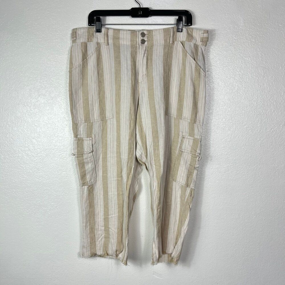 Anthropologie x Sanctuary linen beige white utility cropped pants diy waist 36